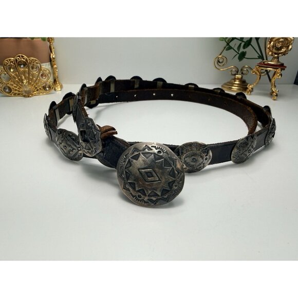 See Photos Jewelry - Vintage Native American Sterling Concho Belt Signed Hand Stamped Leather Long